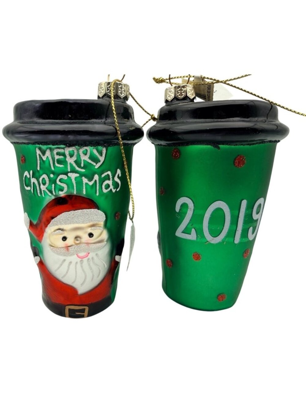 Macy's Glass Ornaments Holiday Lane 2019 Santa Christmas Green Coffee Cup -2 - Picture 1 of 9